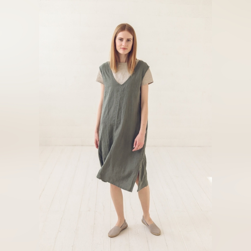 Casual Olive Green Europran Linen Women's Dress